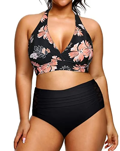 Plus size swimsuits with pockets for essentialsWomen's Full Coverage Two Piece Plus Size Bikini Swimsuit-Black Orange Floral