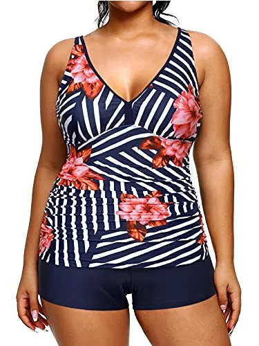 Plus size swimdresses with built-in shortsTummy Control Tankini Two Piece Bathing Suits Plus Size Swimsuits Shorts-Blue Floral