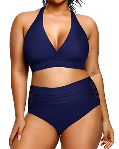 Plus size swimsuits for broad shouldersV Neck Two Piece Plus Size Halter Bikini Swimsuits For Tummy Control-Navy Blue