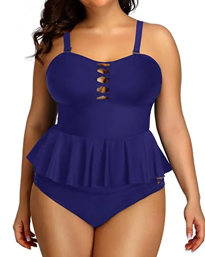 Plus size swimwear with underwire supportPlus Size Swimsuits Tummy Control Two Piece Bathing Suits For Women-Navy Blue