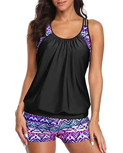 Plus Size Women's Floral - Embroidery Swim Tops in Cream for a Delicate and Elegant AppearanceLadies Athletic Two Piece Tankini Suits Racerback Tankini-Black And Tribal Purple