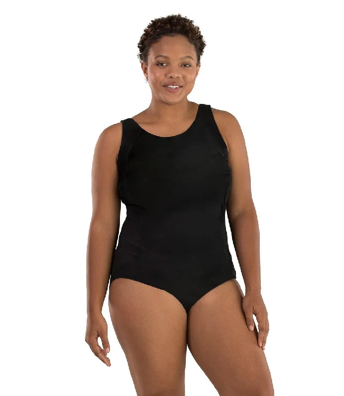 Plus size swimdresses with built-in shortsAquaSport Princess Seam Tanksuit Classic Black