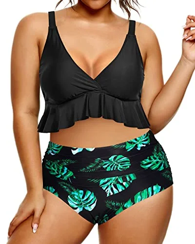 Plus size honeymoon swimsuits for curvy bridesHigh Rise Flounce Bikini Top And High Waisted Swimsuit Bottom-Black Leaf