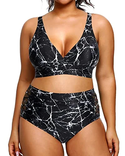 Plus size swimwear for older womenWomen's Plus Size Two Piece Bikini Swimsuits High Waisted Tummy Control-Black Marble