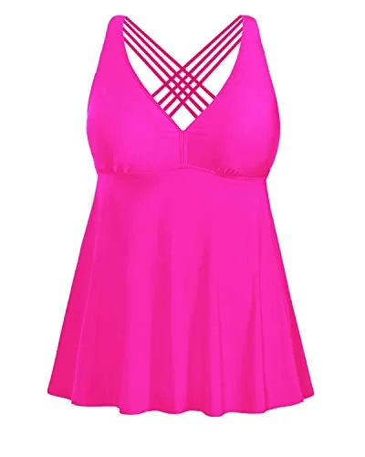 Plus size swimwear with removable paddingPlus Size Tankini Tops No Bottom Flowy Bathing Suit Top V Neck Swim Top-Neon Pink