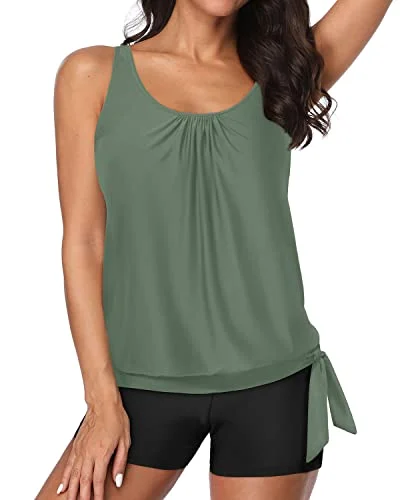 Women's Wireless Sports Swim Tops in Gray for Comfort during Water WorkoutsBlouson Tankini Top & Boy Shorts Swimsuits For Women-Olive Green