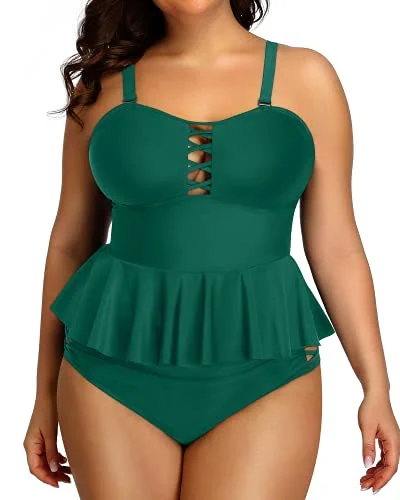 Plus size swimwear with slimming patternsWomen's Lace Up Plus Size Tummy Control Swimsuit-Emerald Green