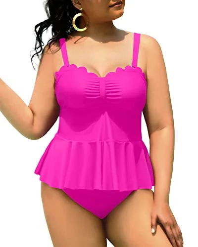 Plus size athletic swimwear for lap swimmingTwo Piece Peplum Swimwear For Women Plus Size Scalloped Swimsuits-Neon Pink