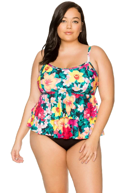 Plus Size Women's Adjustable - Strap Swim Tops in Burgundy for a Custom FitCurve Native Blooms Olivia Layered Tankini