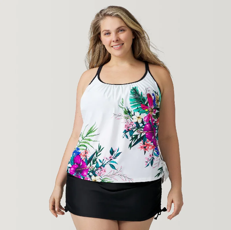 Plus size swimwear in bright colors for confidenceWomen's Plus Size Tahiti Tropical Side Tie Blouson Tankini Top