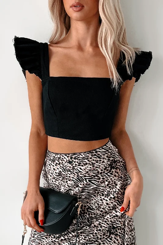 Sheer Mesh Women's Crop Top in White for a Sexy and Alluring Summer LookSummer Ready Ruffle Sleeve Denim Crop Top (Black)