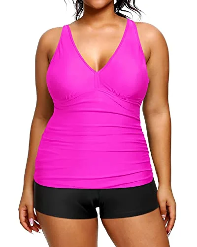 Plus size swimwear for big busts and small waistsPlus Size Ruched Tummy Control Bathing Suit High Waisted Two Piece Swimsuit-Hot Pink