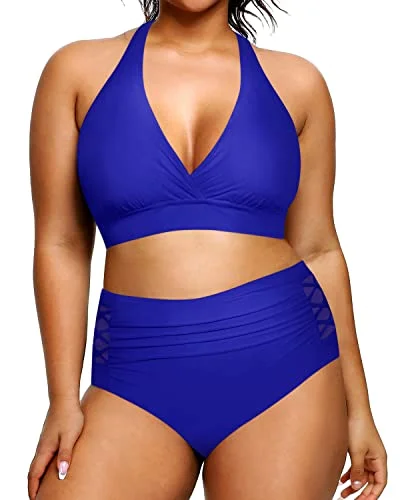 Plus size maternity swimwear for expecting momsV Neck Two Piece Plus Size Halter Bikini Swimsuits Push Up Pads-Royal Blue