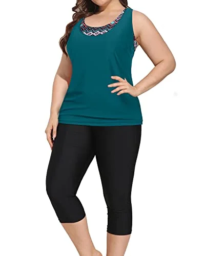 Plus size swimwear made with stretchy fabricPlus Size Tankini Tops Sports Bra And Swim Capris For Women-Black Tribal