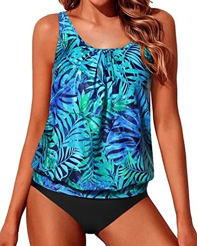 Women's High - Neck Swim Tops in Navy with Zipper for a Sleek and Sporty LookTwo Piece Blouson Tankini Swimsuits for Women Loose Fit Swimwear