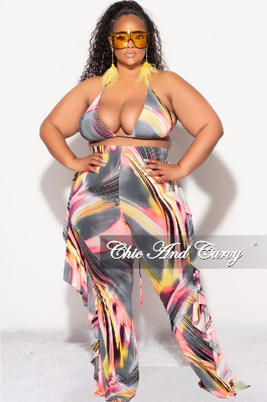 Plus size resort wear cover-ups for swimsuitsFinal Sale Plus Size  3pc Poolside Playsuit (Bikini Top, High Waist Bottoms & Pants) Set in Pink, Grey, & Yellow Print