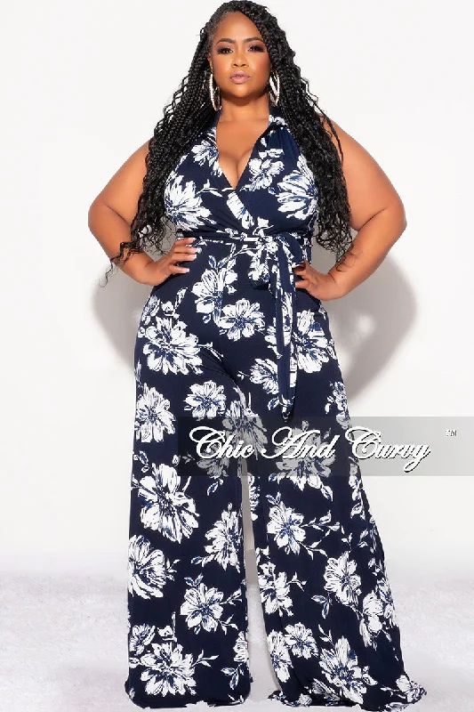 Plus size animal print swimsuits for bold styleFinal Sale Plus Size Faux Wrap Halter Jumpsuit with Waist Tie in Navy and White Floral Print