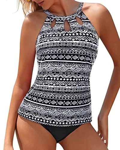 Women's Long - Sleeve Rash Guard Swim Tops in Black for Sun Protection and SurfingHigh Neck Two Piece Tankini Bathing Suit Tummy Control Tankini Bottom for Women