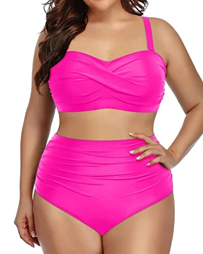 Plus size halter neck swimsuits for large bustsWomen's Plus Size Two Piece Bandeau Bikini Tummy Control Swimwear-Neon Pink