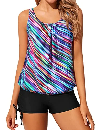 Women's Mesh - Inserted Swim Tops in Black for a Sexy and Modern Beach EnsembleBuilt-In Sports Bras Tankini Swimsuits For Women Tops Boyshorts-Color Oblique Stripe