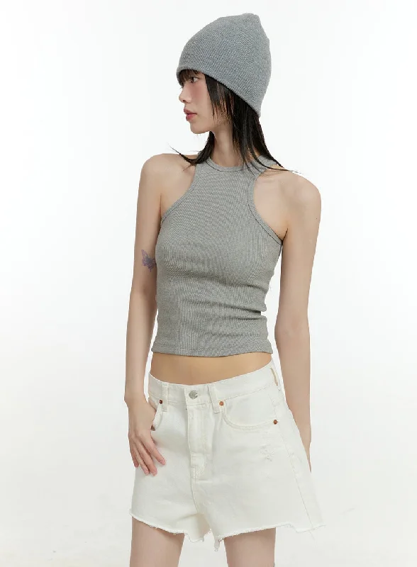 Sleeveless Women's Linen Crop Top in Natural for a Breathable and Casual Summer StyleSolid Sleeveless Tank Top CG401