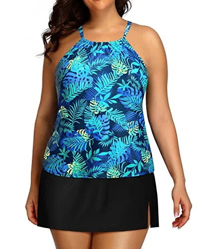 Plus size high waisted bikini bottomsPlus Size Two Piece Tankini Skirt Bathing Suits For Women-Blue Leaves