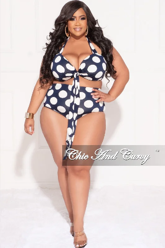 Plus size swimwear with metallic accentsFinal Sale Plus Size 2pc Set Poolside Playsuit with Bikini Halter Crop Top & High Waist Bottoms in Navy and White Polka Dot Print