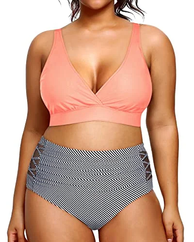 Plus size swimwear with polka dots for playful looksAdjustable Wide Straps Plus Size Two Piece Bathing Suits-Coral Pink Stripe