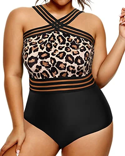 Plus size ruched swimsuits for a slimming effectHigh Waist Full Coverage Monokini Swimsuits For Women Plus Size Swimming Suits-Black And Leopard