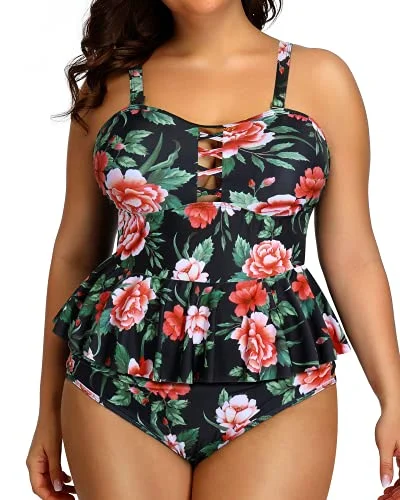 Plus size one piece swimsuits with tummy controlRemovable And Adjustable Shoulder Straps Plus Size Swimsuits For Women-Black Floral