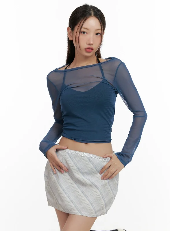 Sports - Style Women's Crop Top in Gray with Moisture - Wicking Fabric for WorkoutsSheer Boat Neck Long Sleeve Crop Top CL431