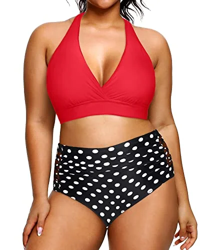 Plus size bandeau bikinis for full figuresHigh Waisted Two Piece Plus Size Halter Bikini Swimsuits For Curvy Women-Red Dot