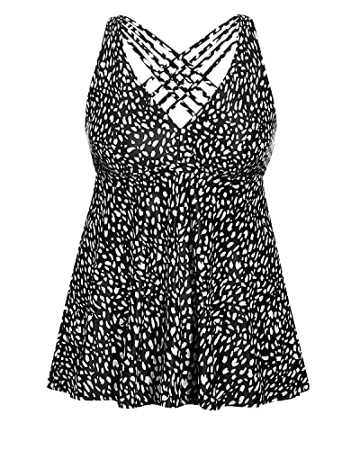 Plus size swimwear for beach vacationsLong Plus Size Tankini Top Flyaway Hem For Women-Black And White Dot