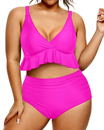 Plus size pool party outfits for womenPlus Size Two Piece Bikini Set Tummy Control Ruffle Swimsuits For Women-Neon Pink