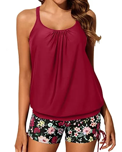 Plus Size Women's Ruffled Bikini Tops in Floral Print for a Feminine Beach LookSlimming Tummy Control Blouson Tankini Two Piece Swimsuit Shorts-Red Floral