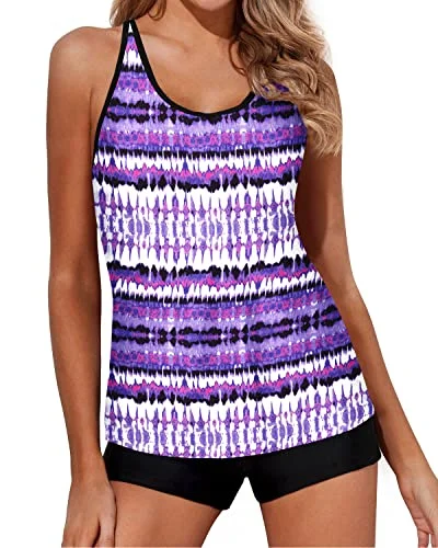 Plus Size Women's Longline Swim Tops in Navy with Striped Pattern for a Nautical StyleModest Tankini Swimsuit Boy Shorts For Women-Purple Tribal