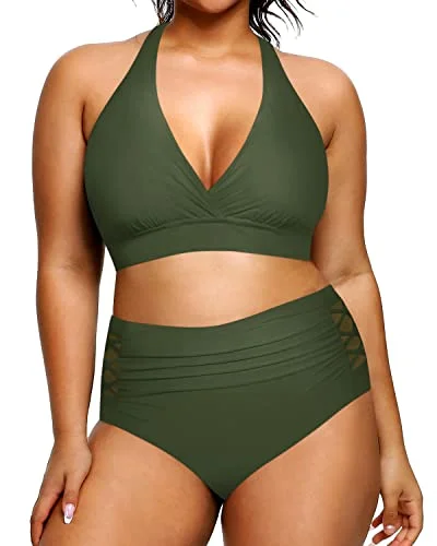 Plus size quick-dry swimsuits for conveniencePlus Size Tummy Control Women's Two Piece Halter Bikini Swimsuit-Army Green