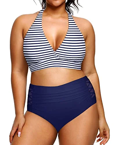 Plus size swimwear for cruise ship vacationsHigh Waisted Plus Size Swimsuits Ruched Bottoms For Curvy Women-Blue White Stripe