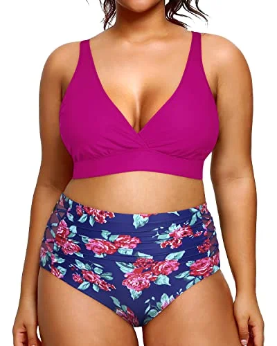 Plus size retro swimsuits with vintage flairSexy V Neck High Waisted Plus Size Bikini Bathing Suits-Pink Floral