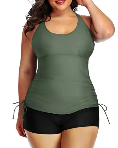 Plus size tankinis for curvy womenSlimming Tankini Set High Waisted Boyshorts Two Piece Ruched Swimsuit-Olive Green