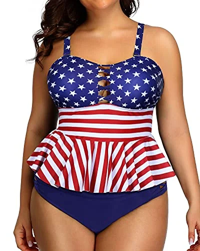 Plus size swimsuits for tall womenPeplum Tankini Tops Plus Size Swimsuits For Women-Us Flag