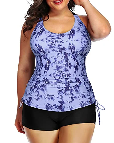 Plus size swimsuits with ombre designsPush Up Bra Tighten Drawstring Pleated Hem Strappy Tankini-Blue Tie Dye