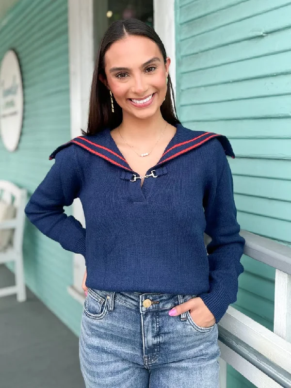 Ruffled Cuff Women Long Sleeve Top with a Feminine Touch(THML) The Patton Navy Toggle Sweater