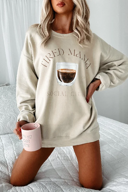 Metallic Accent Women Long Sleeve Top for a Glamorous Look"Tired Mama" Graphic Sweatshirt (Sand)