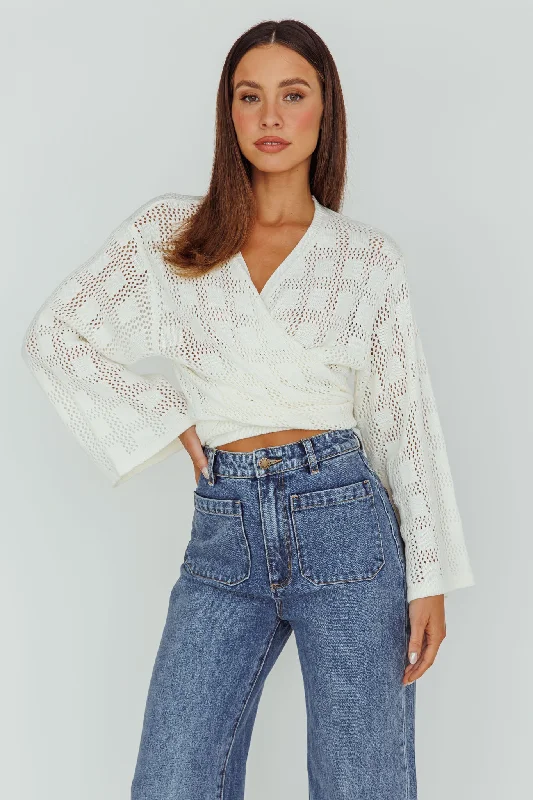 Cable - Knit Women Long Sleeve Top with a Cozy TextureRivera Deep-V Waist-Tie Top Crochet White