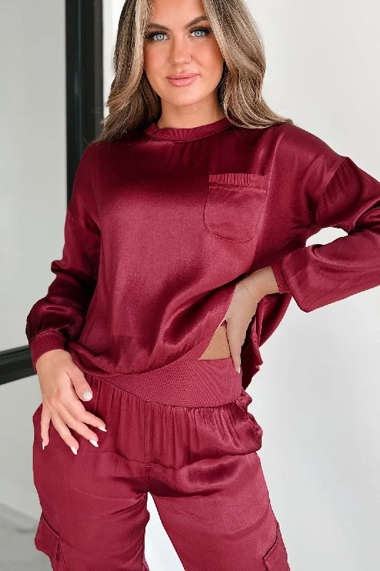 Plus Size Women Long Sleeve Top for a Flattering and Comfortable FitTaking What's Owed Satin Long Sleeve Top (Maroon)