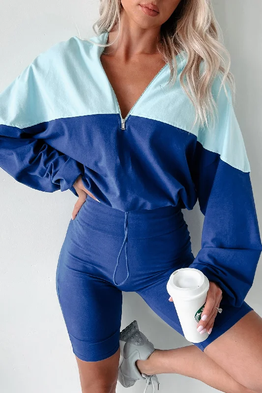 Cropped Women Long Sleeve Top to Pair with High - Waisted BottomsFeeling The Burn Athleisure Set (Royal Blue/Baby Blue)