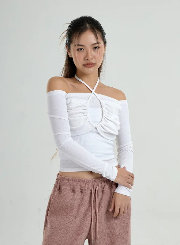 Puffer - Sleeve Women Long Sleeve Top for a Fashion - Forward LookNeck Cross Strap Off-Shoulder T-Shirt CO25