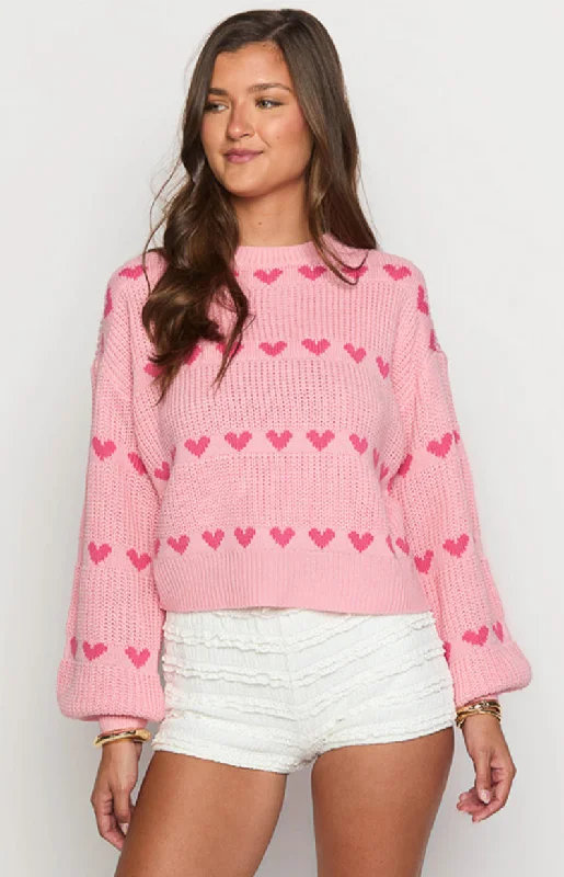 Cable - Knit Women Long Sleeve Top with a Cozy TextureLovey Pink Heart Stripe Jumper