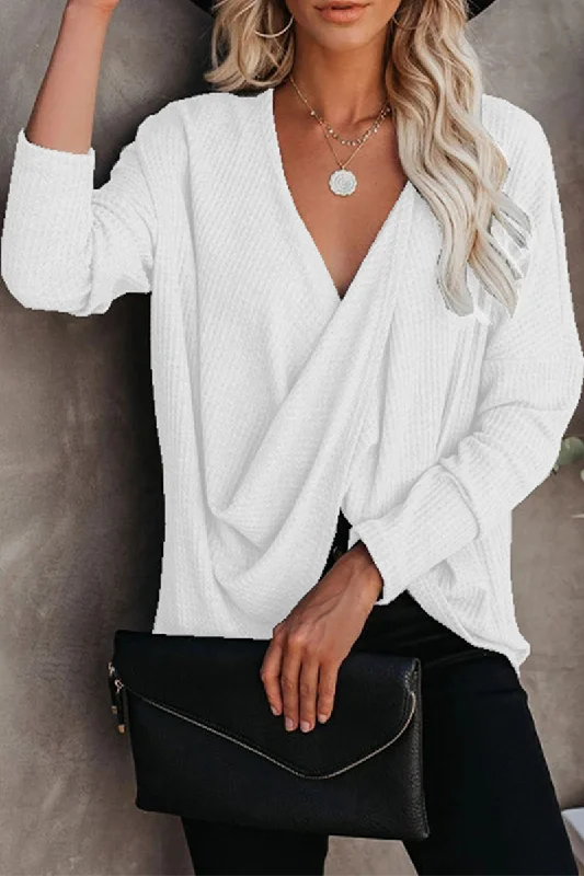 Button - Down Women Long Sleeve Top for a Classic StyleCasual Solid Fold V Neck Tops(4 Colors)